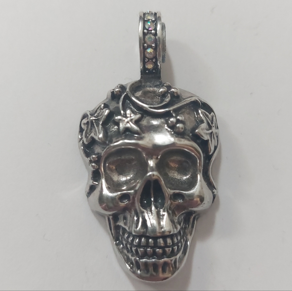 Vintage Kirk's Folly Magnetic Skull Vines Rhinestones Silver Tone Pendant NEW